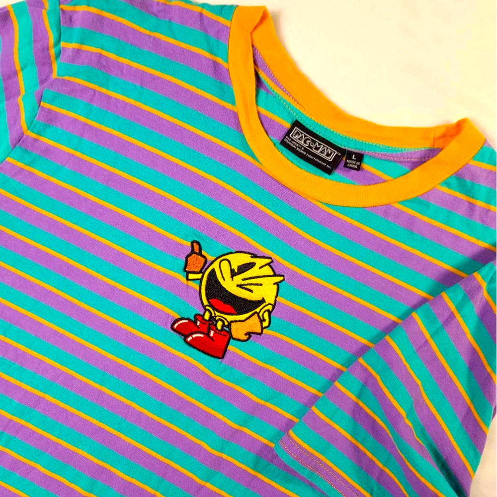 PacMan Stripped Embroidered Logo T-Shirt Unisex (Size Large)
